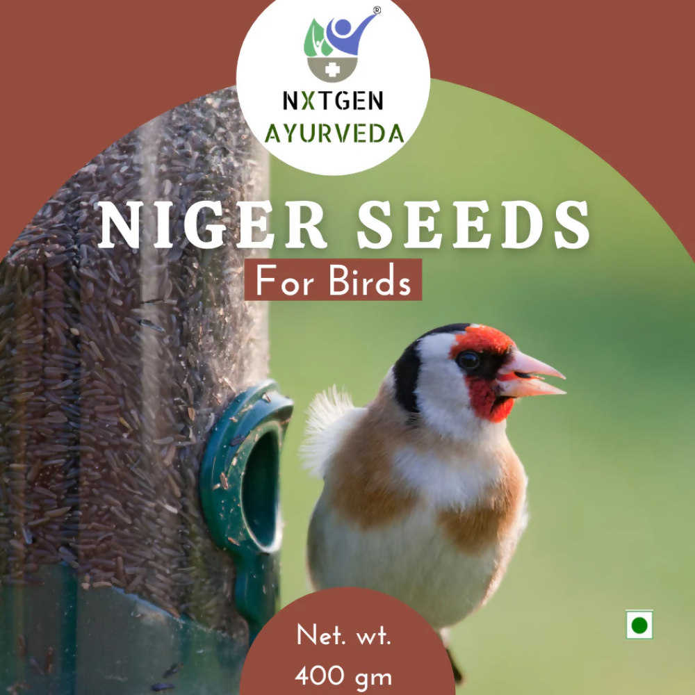Niger seeds for birds packaging with a bird and bird feeder on a brown and green background, featuring NXTGEN AYURVEDA branding.