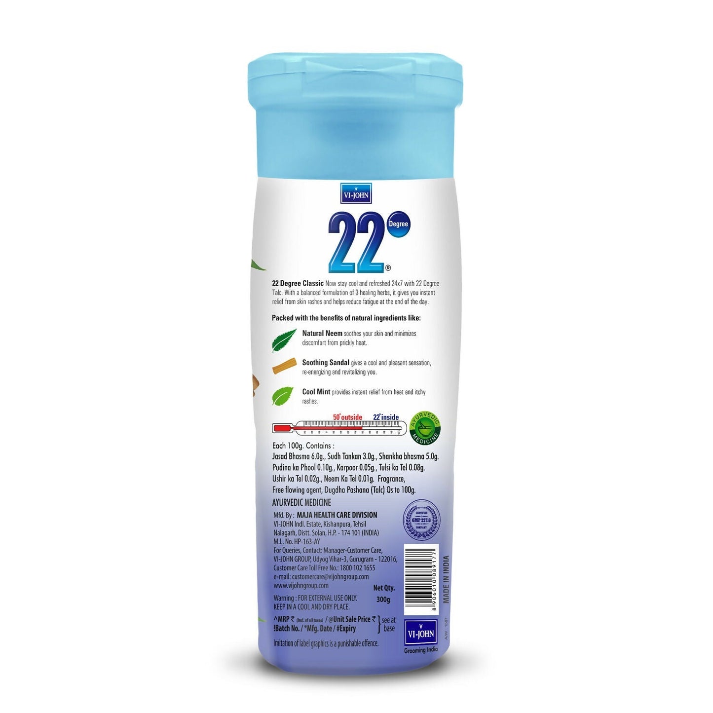 VI-JOHN 22 Degree Cooling Talc Beat the Heat Neem,Sandal and Mint