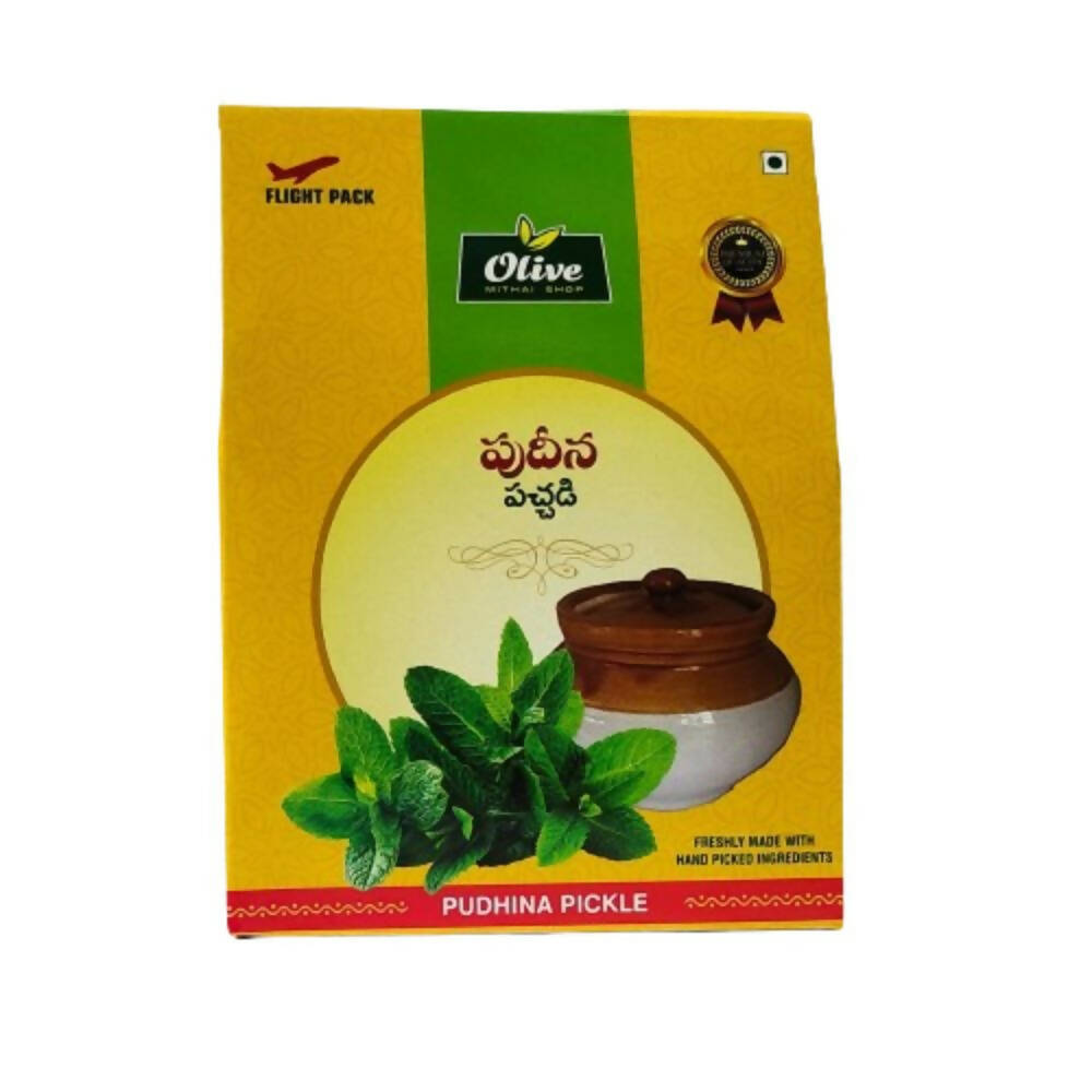 Packaging of Olive Pudina Pickle with green leaves and a jar on a yellow background