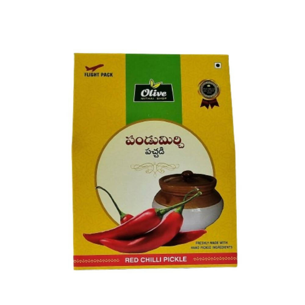 Packaging of Red Chilli Pickle with Olive brand logo on a yellow background