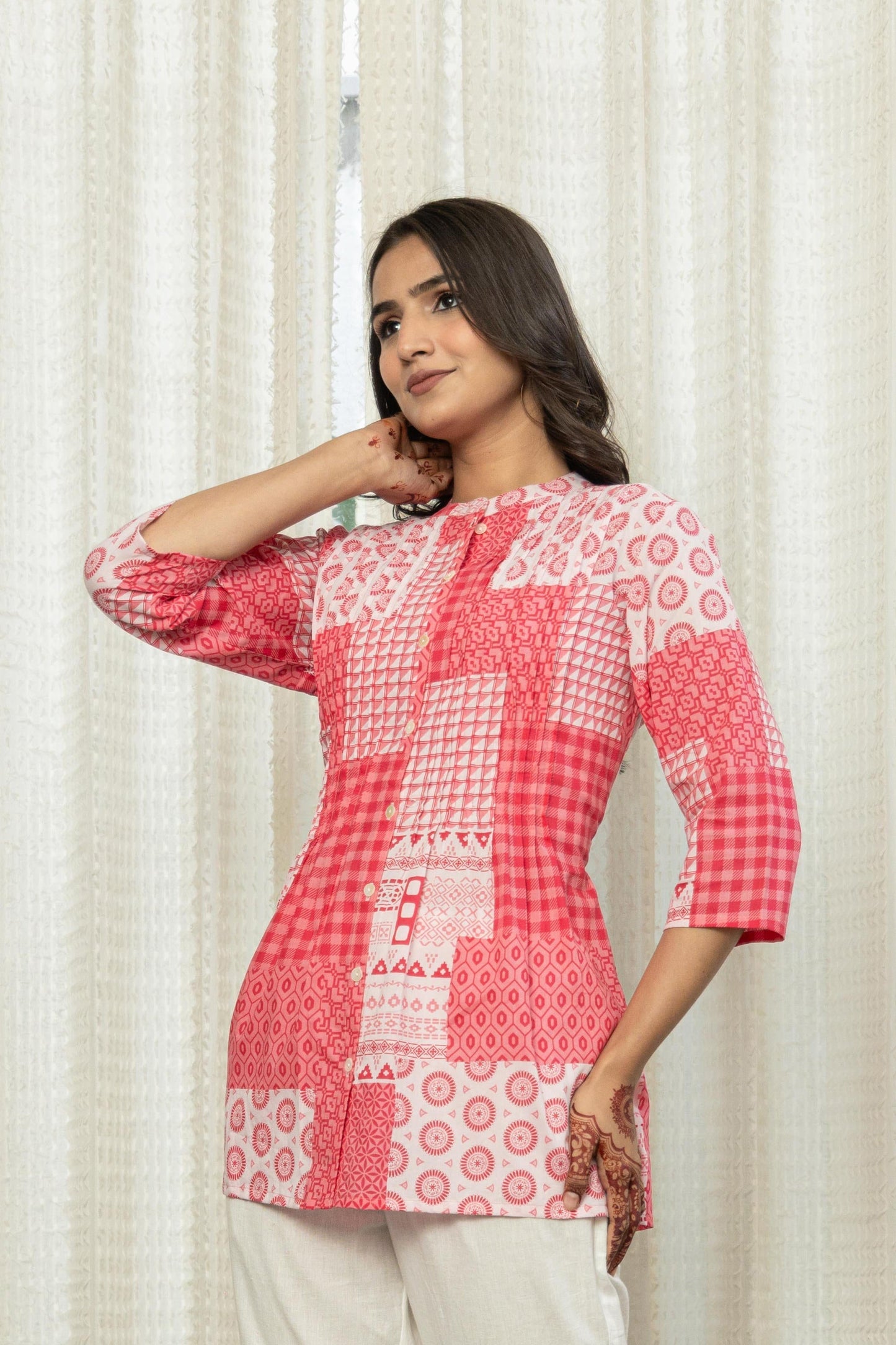 Juniper Pink Geometric Printed Cotton Tunic With Buttons