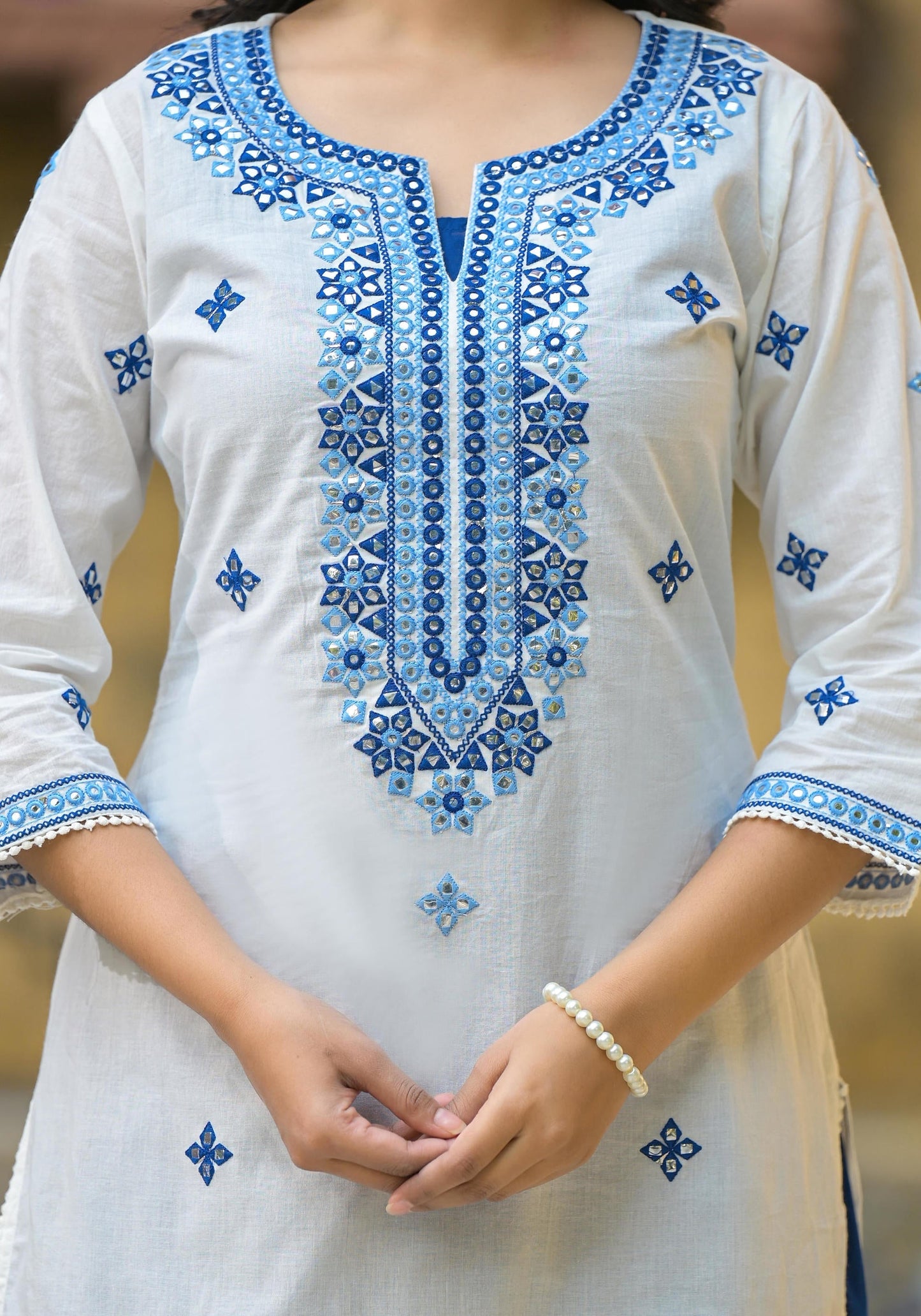 Juniper White & Blue Solid Cotton Long Dress With Thread & Mirror Work