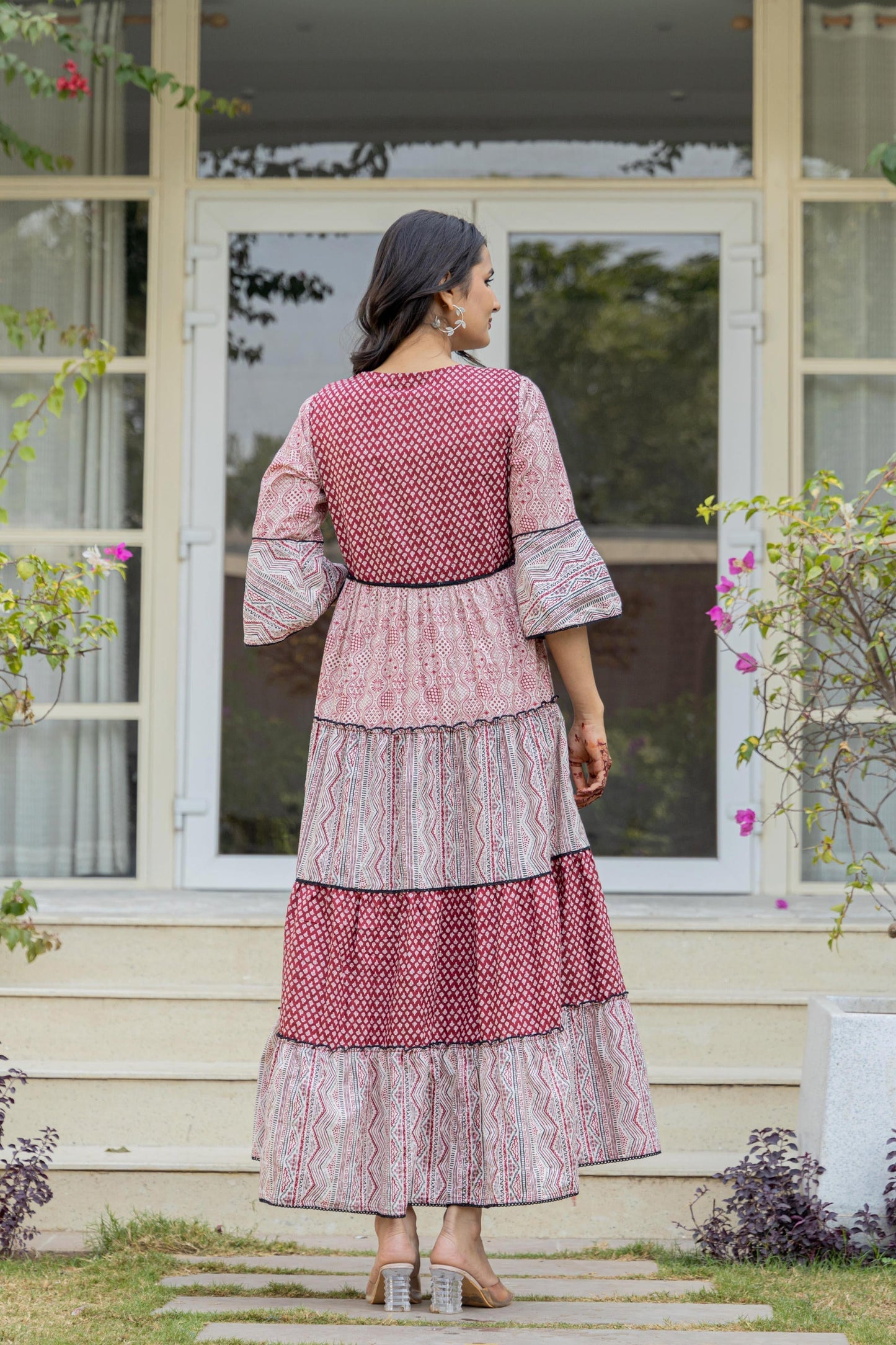 Juniper Red Ethnic Motif Printed Cotton Long Dress With Sequins & Doris