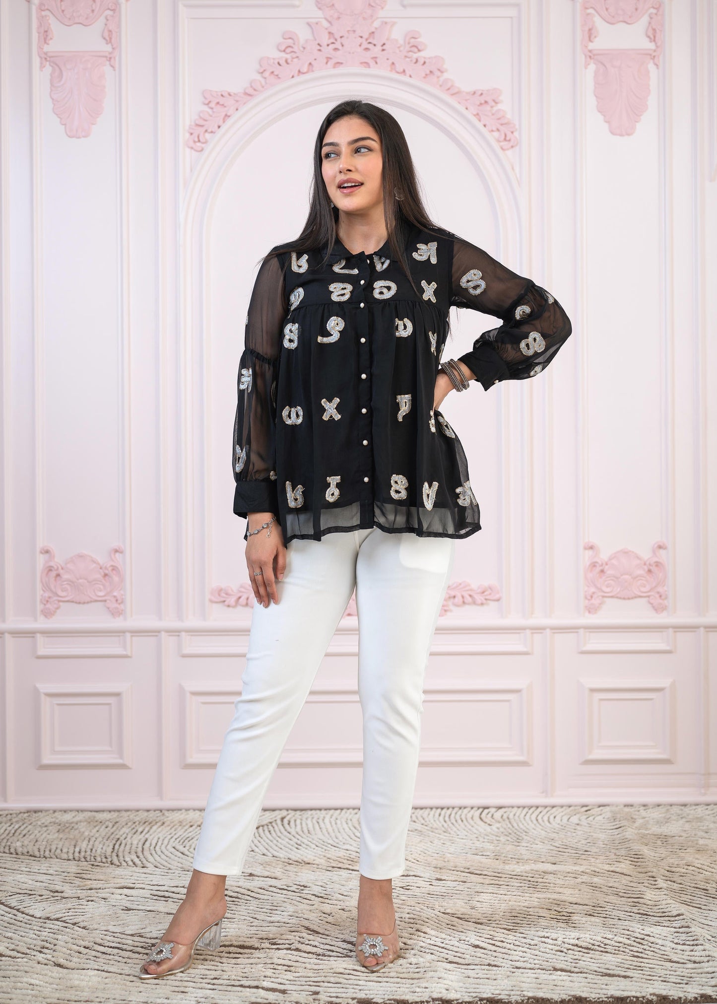 Juniper Black Embroidered And Sequin Tunic With Buttons