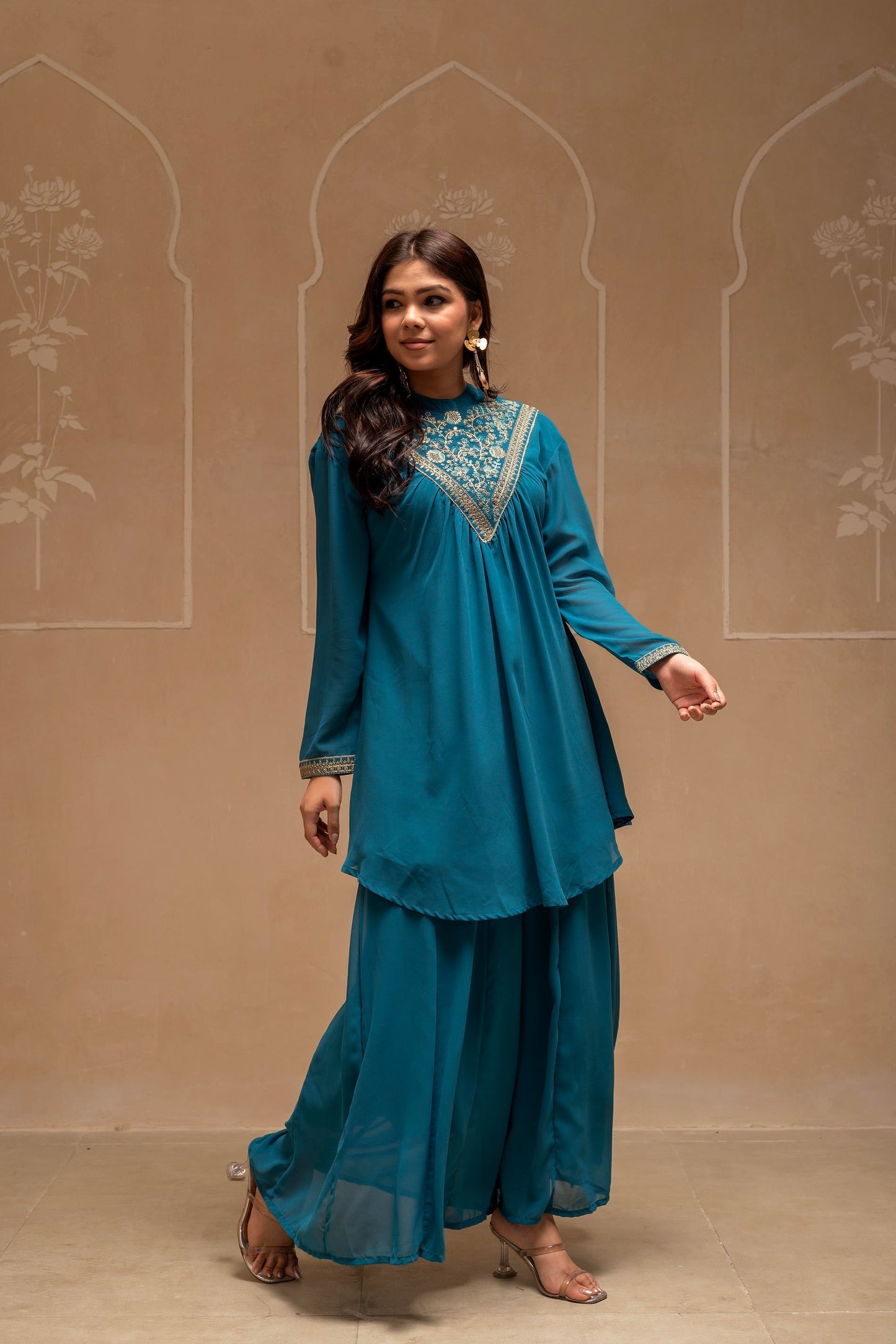 Juniper Teal Solid Poly Georgette Tunic And Sharara Co-Ord Set With Sequence And Zari Work