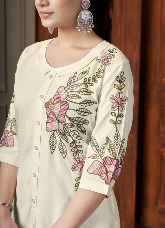 Prazu Fashion Off White Rayon Multi Embroidery Thread Work Co-Ords Set