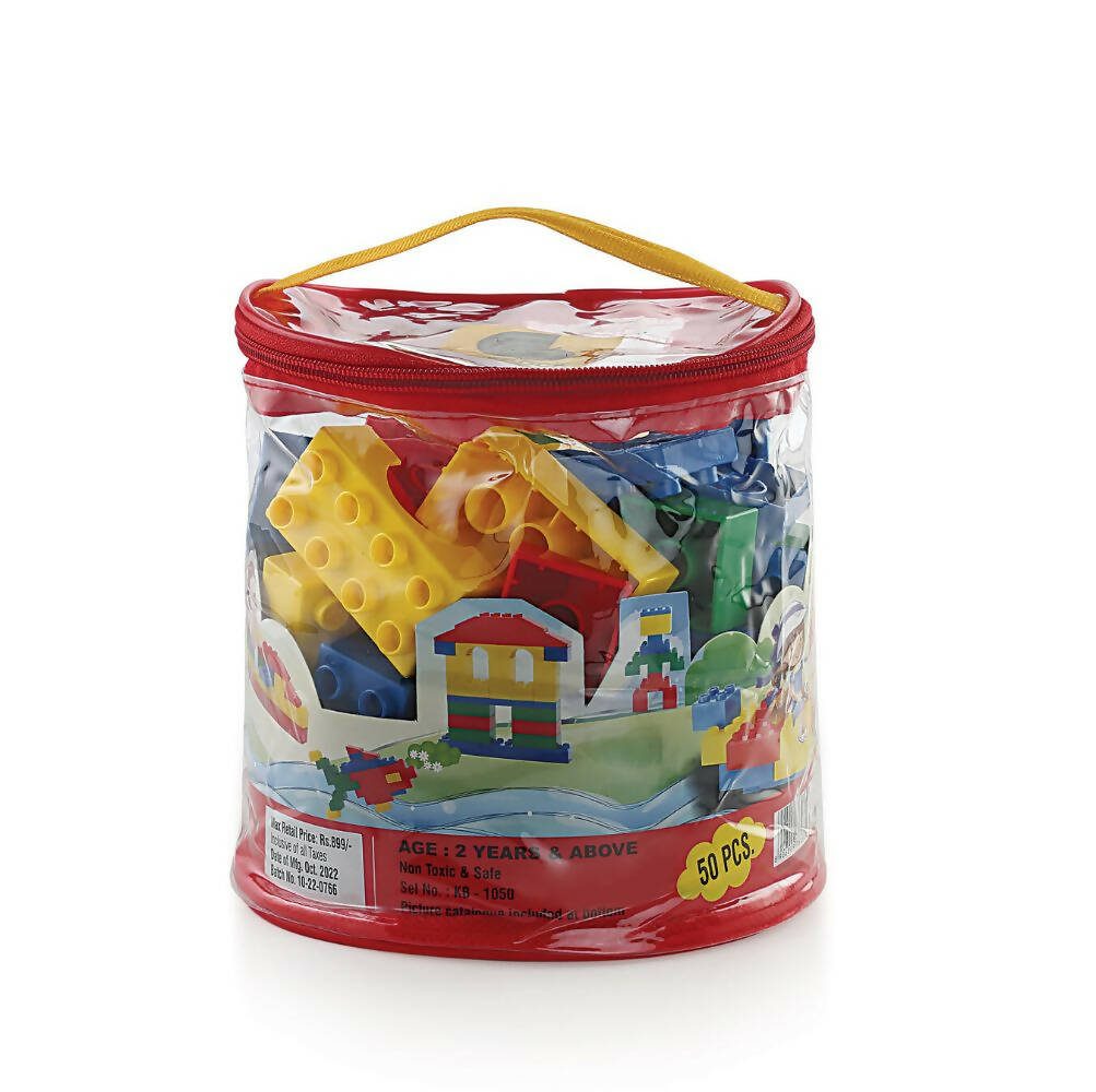 Toy building blocks in a clear plastic container with a red lid on a white background