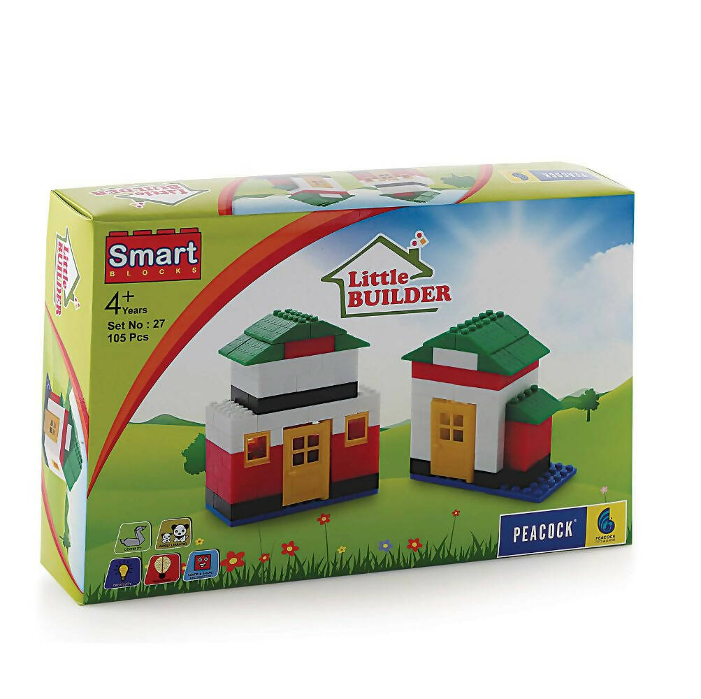 Smart Blocks Little Builder toy set packaging with two small houses on a grassy background