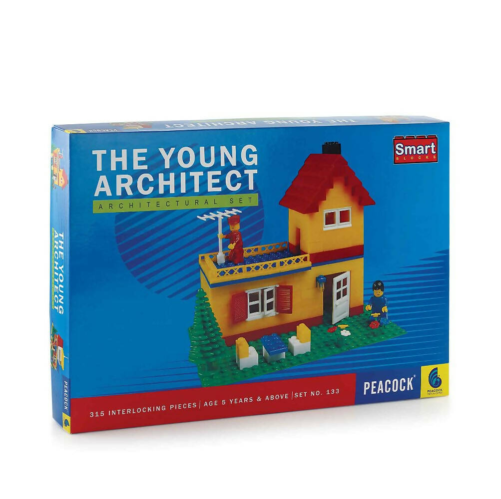 Box of 'The Young Architect' architectural set with a colorful house model on a blue background.