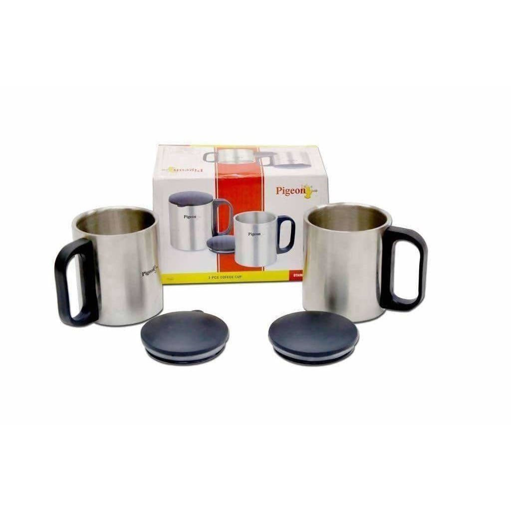 Set of stainless steel mugs with black handles and matching lids, displayed with a Pigeon branded box on a white background.