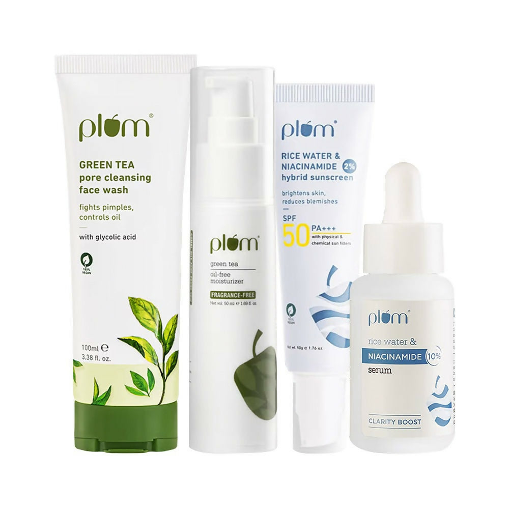 Plum skincare products including a face wash, cream, and serum on a white background