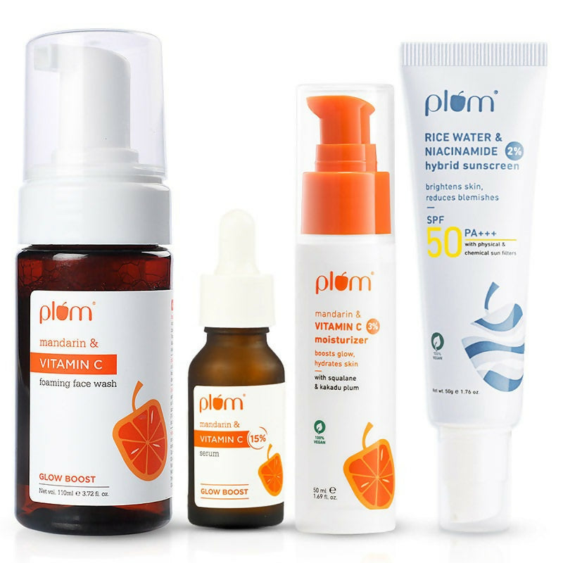 Collection of Plum skincare products on a white background