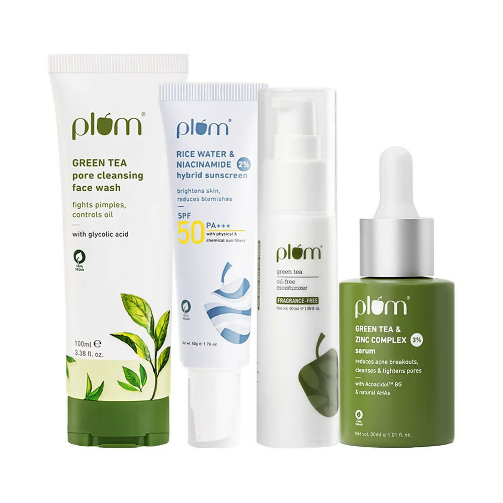 Plum skincare products including face wash, sunscreen, and serum on a white background