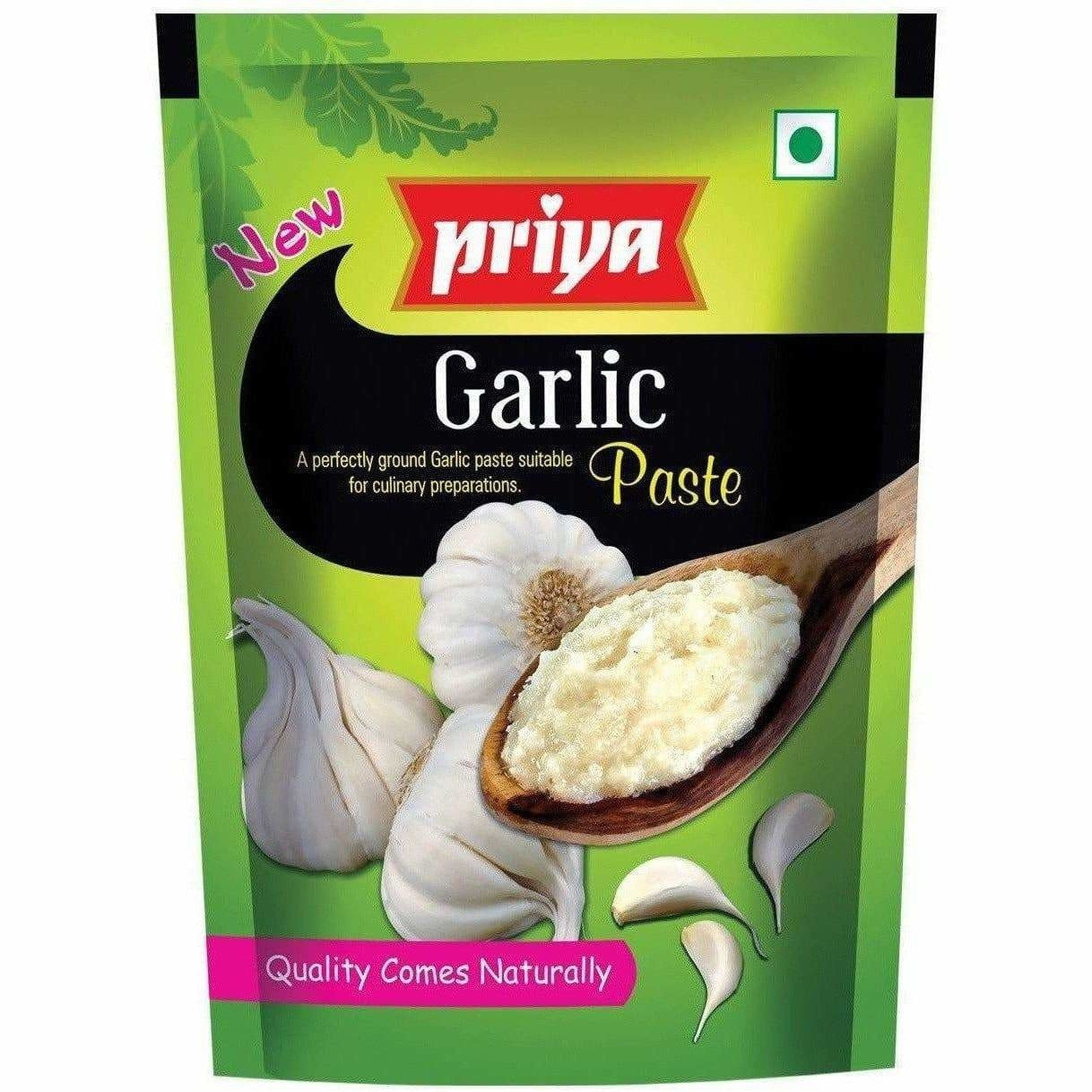Priya Garlic Paste packaging with garlic and paste on a green background