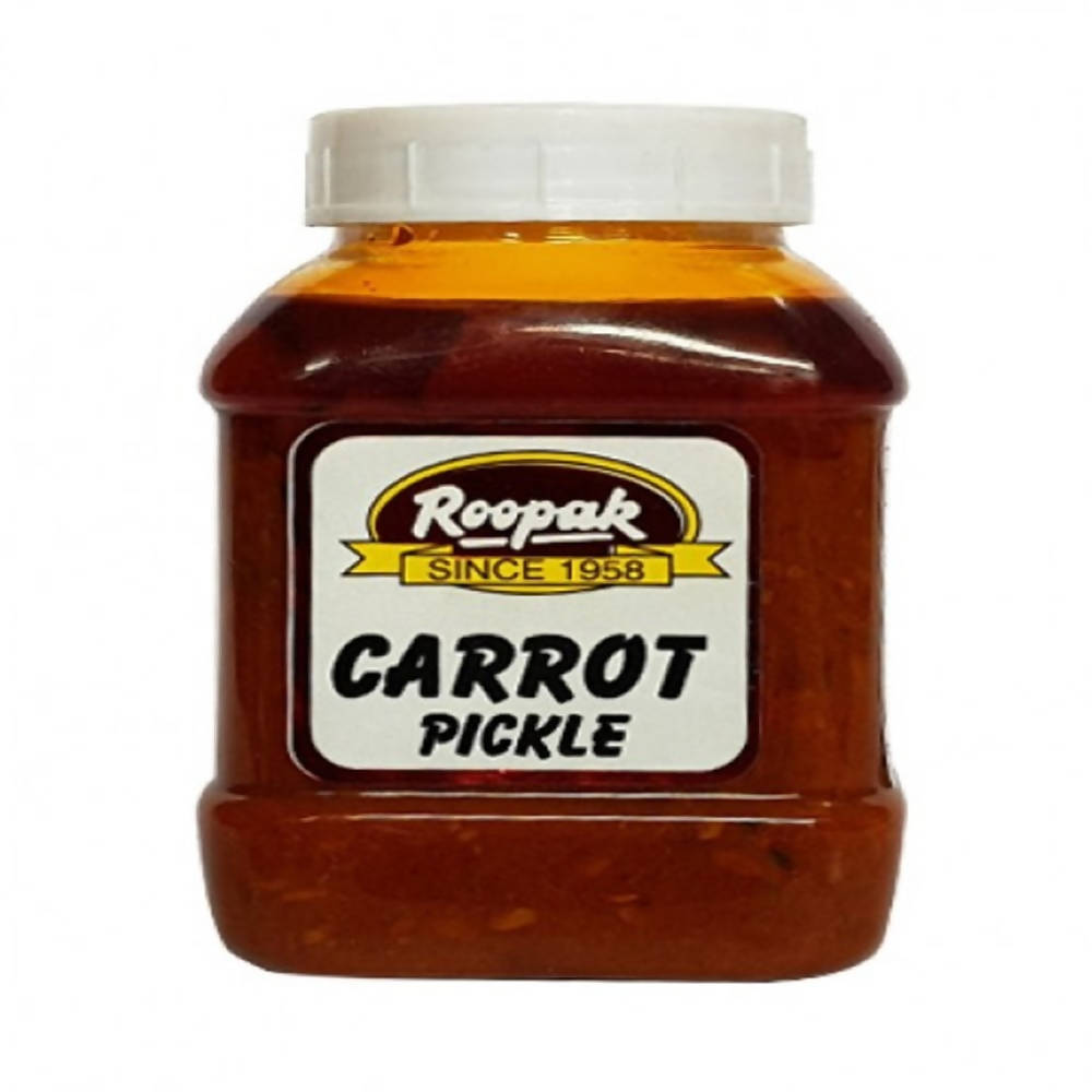 Jar of Roopak carrot pickle on a white background