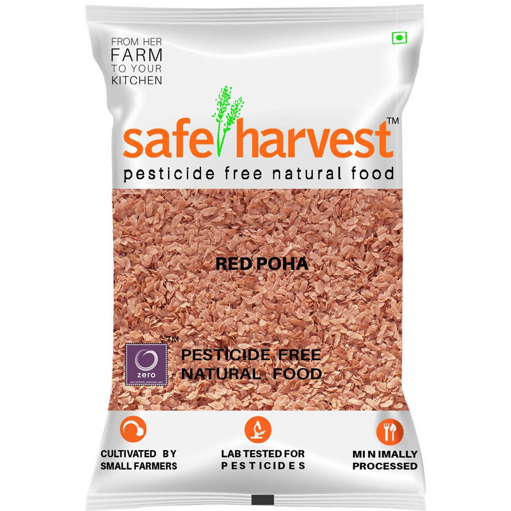 Package of Safe Harvest Red Poha with branding and product details on a white background