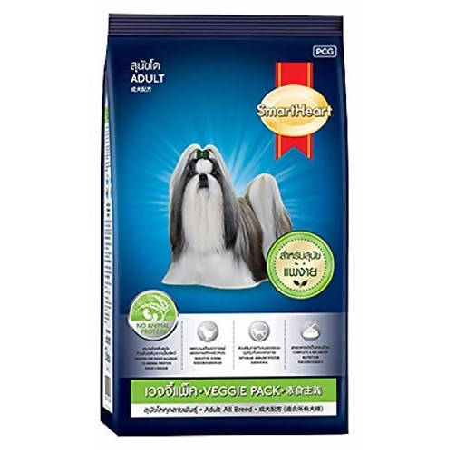 Dog food package with a blue background featuring a dog illustration and branding.