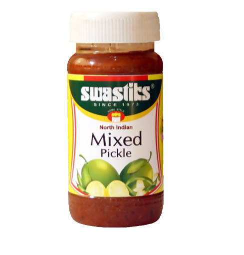 Jar of Swastits North Indian Mixed Pickle on a white background