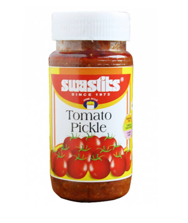 Jar of Swastik's Tomato Pickle with a white lid on a white background