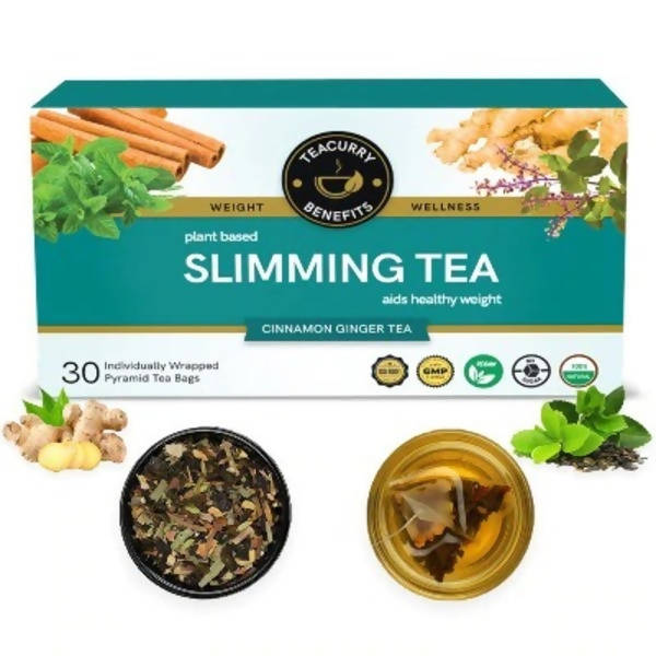 Box of Teacurry Slimming Tea with cinnamon, ginger, and tea bags on a white background
