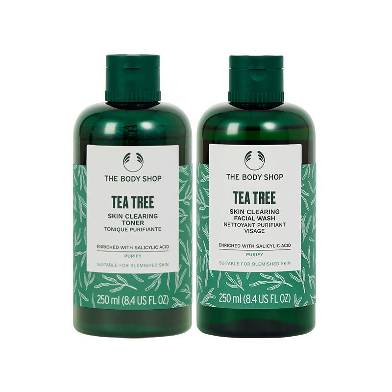 Two bottles of The Body Shop Tea Tree Skin Clearing products on a white background