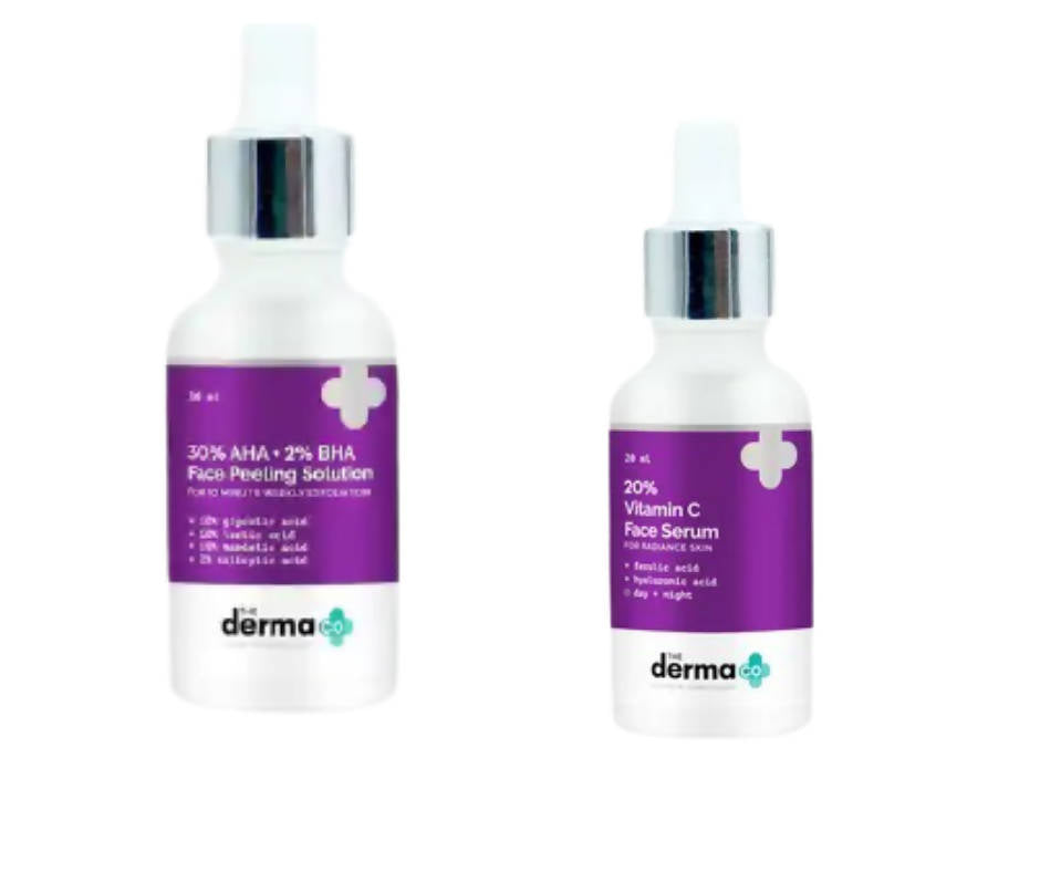 Two skincare bottles with purple labels on a white background