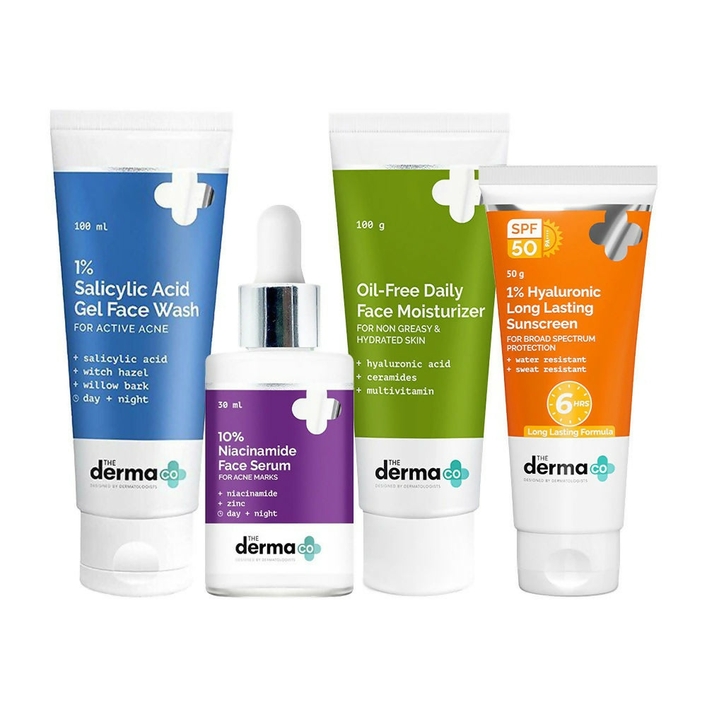 Collection of derma+ skincare products including face wash, serum, moisturizer, and sunscreen on a white background.