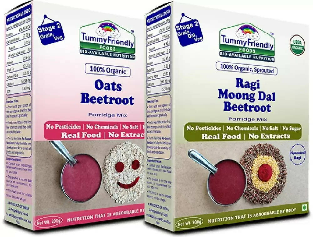 Two boxes of Tummy Friendly Foods porridge mix with beetroot flavor on a white background.