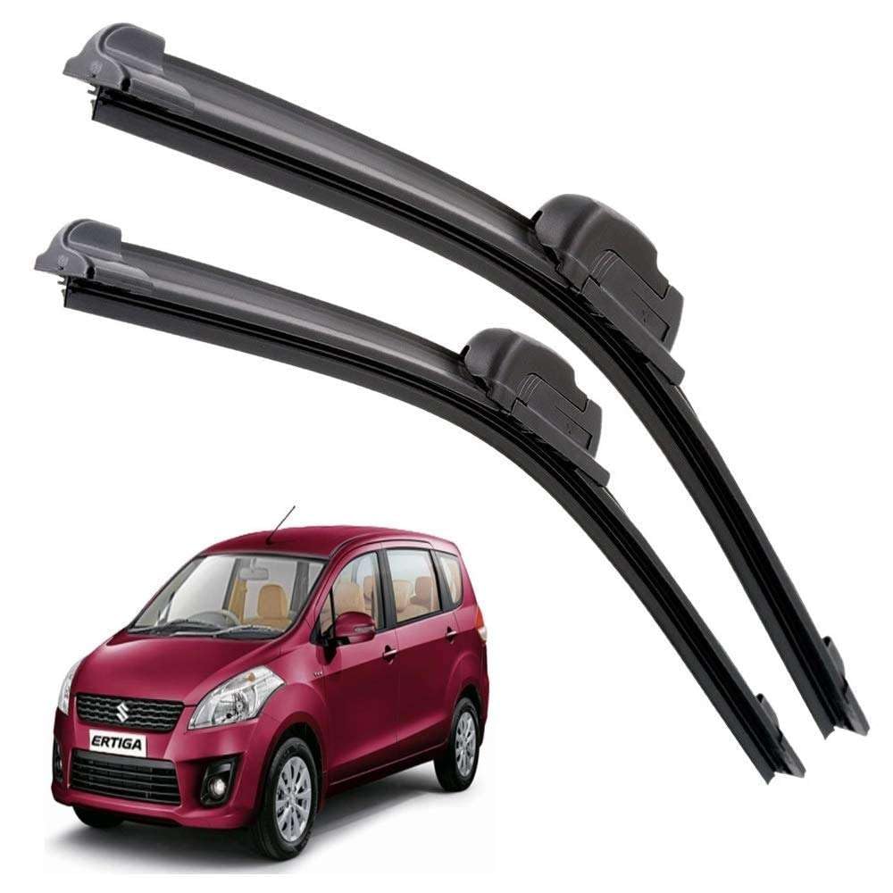 Two car wiper blades with a maroon car in the background