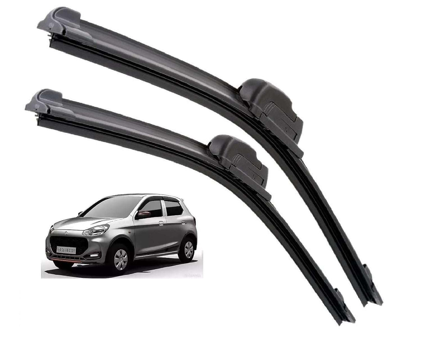 Two car wiper blades with a small car image on a white background