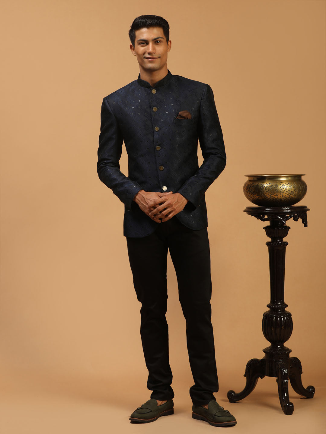 Men's Navy Blue Silk Blend Jaccard Jodhpuri
