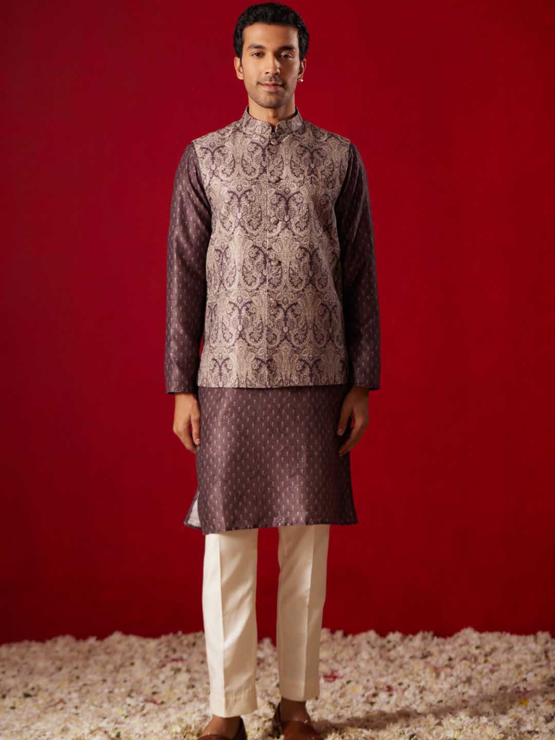 Men's Wine Jacquard Silk Blend Ethnic Jacket