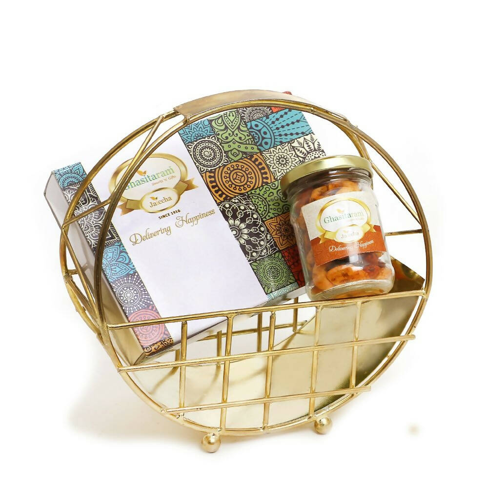 Ghasitaram Half Moon Metal Basket of Mix Dryfruits, Assorted Bites