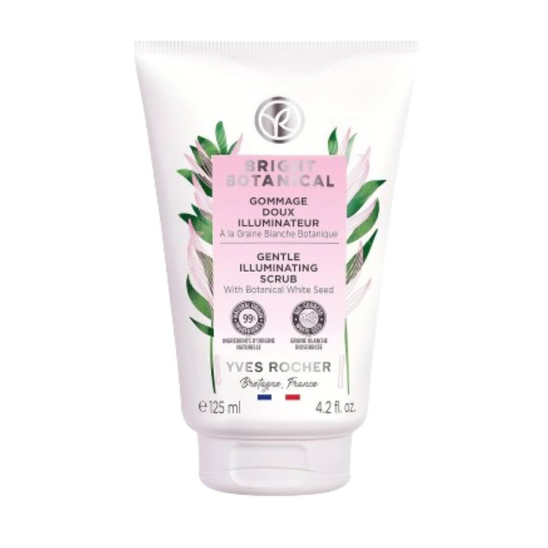Yves Rocher scrub bottle with botanical design on a white background