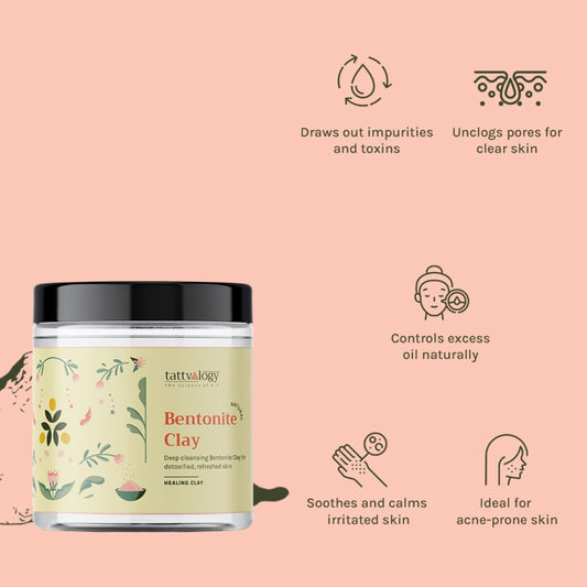 Tattvalogy Indian Bentonite Clay Powder - Detox Mask for Oily Skin, Acne and Deep Pore Cleansing