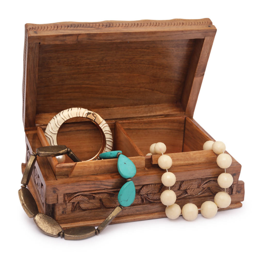 Nizalia Carved Chinar Leaf Handmade Walnut Wood Jewellery Box - Limited Time Offer