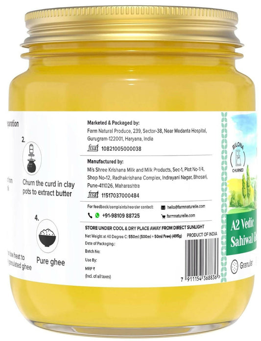 Farm Naturelle A2 Vedic Sahiwal Ghee - Desi Cow Ghee | Natural, Healthy, and Pure | Cultured Cow Ghee