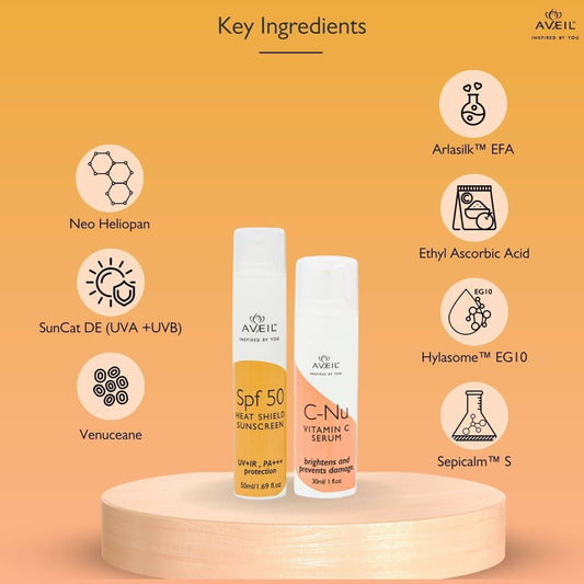 Aveil Heat Shield SPF 50 Gel Sunscreen & C-Nu Vitamin C Face Serum Combo