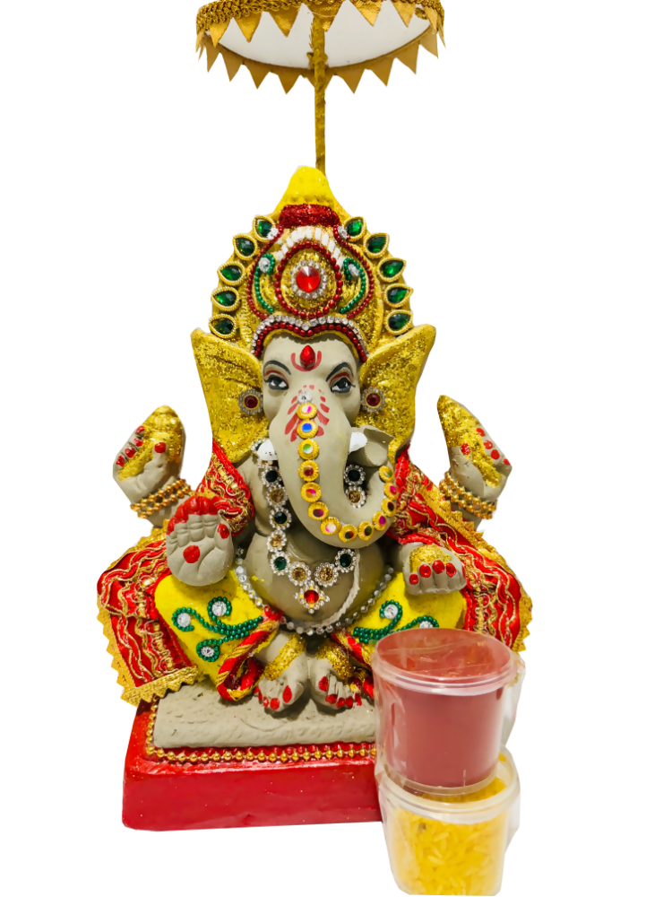 Eco-Friendly Ganesh Idols (Non-Toxic Colors) With Chatri, Kumkum & Akshat - Limited Time Offer