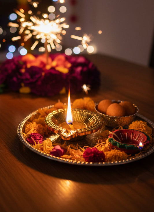 Decorative setup with lit oil lamp, flowers, and crackers on a wooden surface.