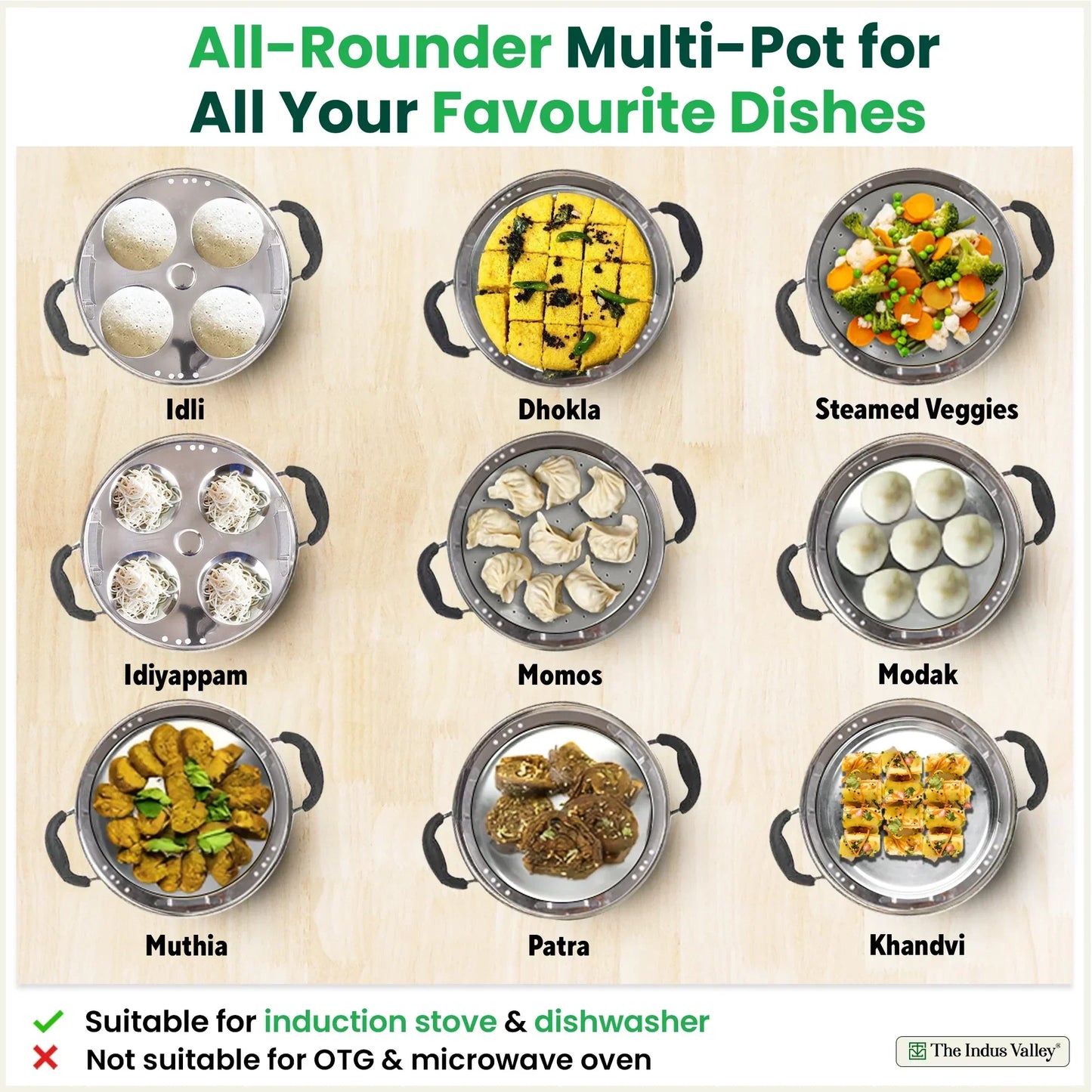 The Indus Valley 8 Pit Tri-Steel Multi Pot Premium Stainless Steel Idli/ Dhokla/ Momo Maker/ Veg Steaming Set, Tri-ply Induction Bottom, 5 Plates, 3L
