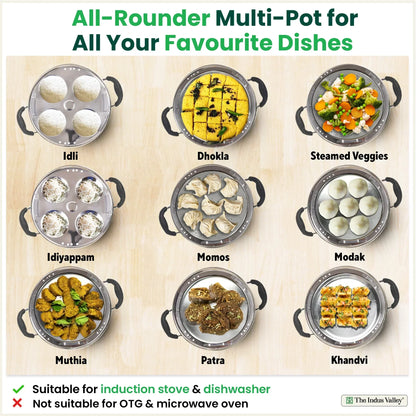 The Indus Valley 8 Pit Tri-Steel Multi Pot Premium Stainless Steel Idli/ Dhokla/ Momo Maker/ Veg Steaming Set, Tri-ply Induction Bottom, 5 Plates, 3L
