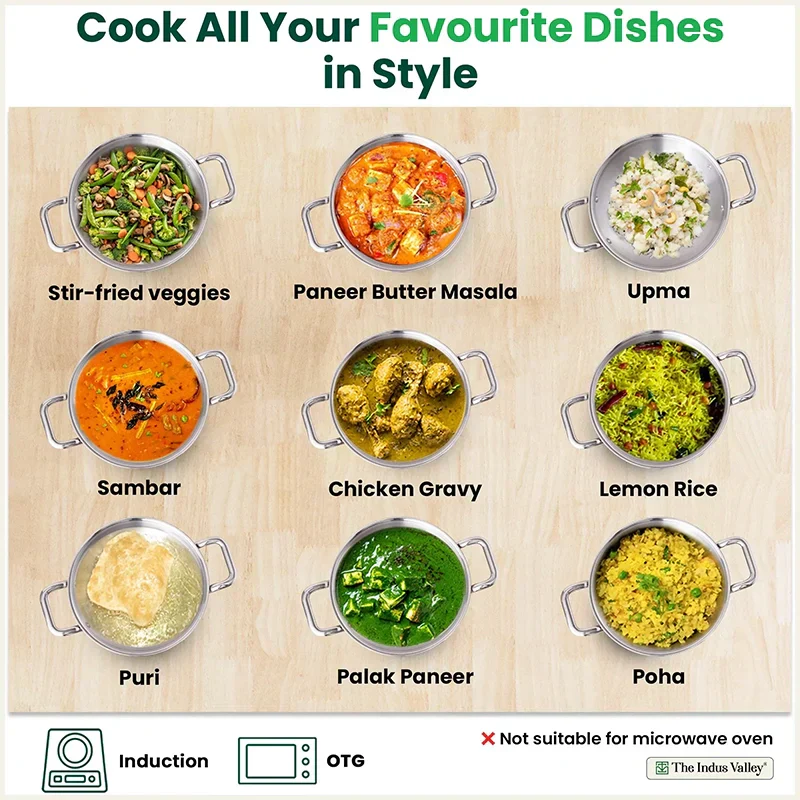 The Indus Valley TurboCuk Tri-ply Stainless Steel Kadai+ Glass Lid, Premium Quality, 3 Layer Thick Body, 100% Toxin-free, Non-stick, Induction & Gas, 1.7/2.7/3.5L