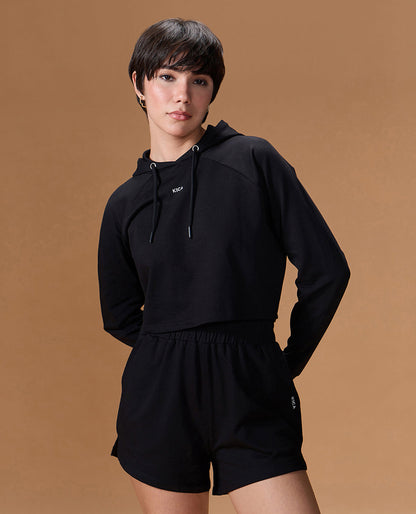 Cropped Cotton Terry Hoodie Black