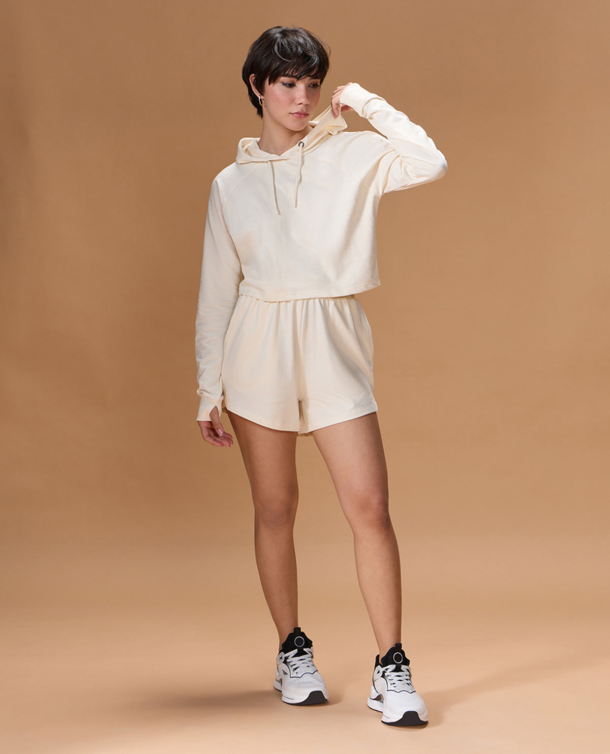 Cropped Cotton Terry Hoodie Off White