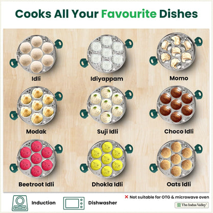 The Indus Valley 14 Pit Tri-Steel Multi Pot Premium Stainless Steel Idli/ Momo Maker/  Veg Steaming Set, Tri-ply Induction Bottom, 2 Plates, 27cm