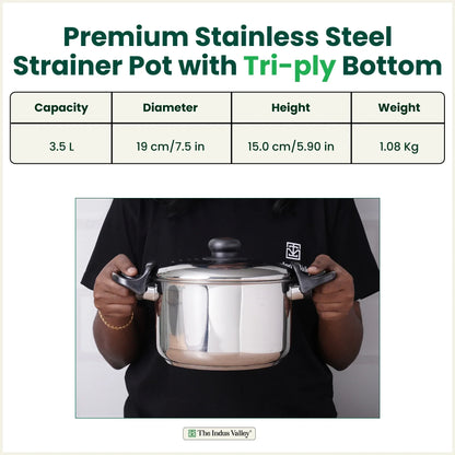The Indus Valley Tri-steel Stainless Steel Rice Pot with Strainer Lid & Lockable Bakelite Handles, Tri-ply 3-Layer Heavy Bottom | Noodle/Pasta/Corn/Soya/Veggies Boiler Pot, Steamer Cooker, Induction & Gas, 1.08 Kg, 19cm, 3.5 L