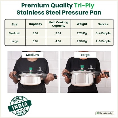 The Indus Valley Tri-ply Stainless Steel Pressure Pan, Premium Quality, 3 Layer Thick Body, Heavy Bottom, 100% Food-safe, ISI Certified, Induction & Gas, 3.5/5L