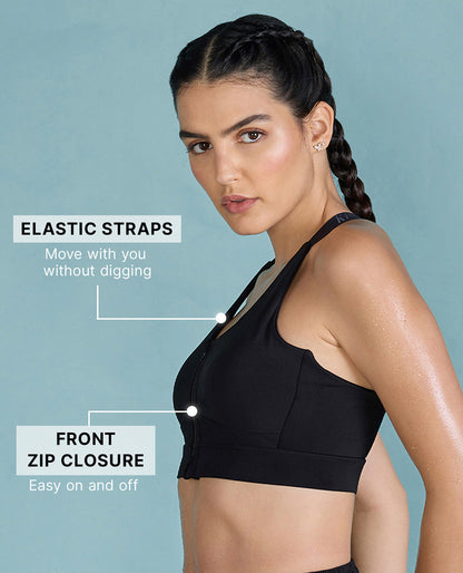 Kica Front Zip Sports Bra with Removable Pads Black