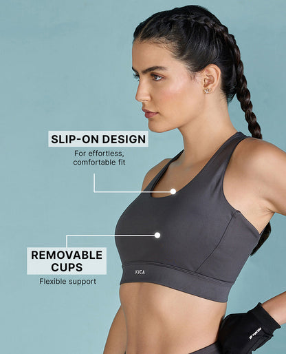 Strappy Mid-Impact Sports Bra with Removable Pads Grey